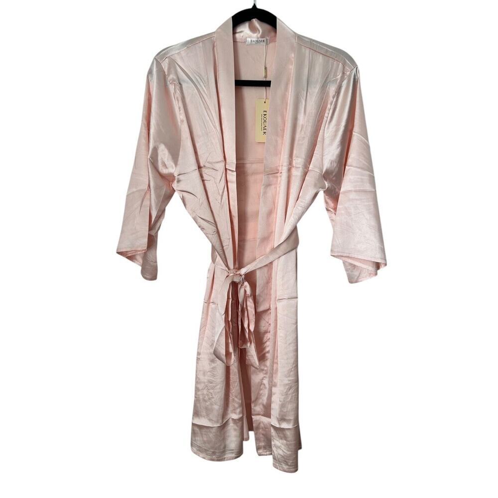 Ekouaer Robe‎ Womens Large Pink 3/4 Sleeve Belted Short Wrap Tie Pockets Stretch
